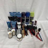 Photo showing assorted acrylic paint tubes, primers, paint brushes and containers on white background.