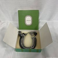 Front view of chunky silver-tone chain necklace in branded Stella & Dot green box with white polka dots
