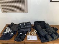 Wide view of all three pairs of optical items: Bushnell 16x32 binoculars, Vivitar binoculars, and vintage brass opera glasses on wooden surface