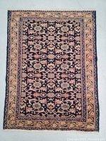 Full view of rectangular Persian rug with dark navy blue central field, beige border decorated with floral and geometric patterns, and fringed edges.