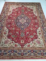 Full view of the rug laid flat on floor showing overall medallion pattern and border symmetry