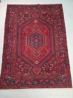 Full view of rug laid flat on floor showing central medallion and border pattern