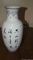 Front view of white porcelain vase with black calligraphy characters vertically arranged, decorative border near lip.
