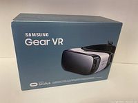 Front view of the Samsung Gear VR box showing product branding and image of the headset.