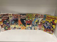 Full set of 7 Fantastic Four comic issues from the late 1980s lined up in a row showing front covers.