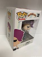 Angled front-left view of the Leela Funko POP Animation figure #28 in original box showing the character illustration and box condition.