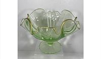 Front angle view of the green glass pedestal bowl showing ruffled gold-trimmed rim and octagonal base.