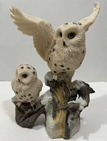 Front view showing adult snowy owl with wing raised and baby owl perched on snow-covered wooden branch.