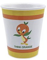Front view of the ceramic cup showing Orange Bird illustration and 'Think Orange' text with yellow and orange stripes at top and bottom.