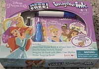 Front of box showing Disney Princess Imagine Ink Mess Free 4-in-1 Activity Set with key contents and characters Ariel and Aurora on front.