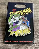 Close-up photo of the limited release pin showing Spider-Man and Dr. Octopus with Spider-Man logo background.