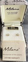 Front view of vintage Milano 14kt gold filled stud earrings with clear stones in original branded box.