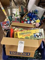 Photo of a cardboard box labeled Lands' End containing assorted Christmas string lights with a visible Franks package and some gift wrap items around it.