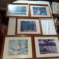 Overview of all five framed reprint prints laid out on a white fabric surface, showing variety of natural landscapes in stylized colors.