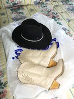 Photo showing black Charlie Horse cowboy hat with silver band and beige leather cowboy boots on plastic bag and floral bedding