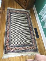 Full view of rectangular patterned rug on hardwood floor, showing fringe on shorter ends and central repeating motif within floral and geometric borders.