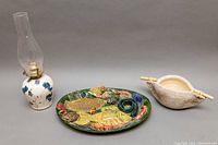 Overview of all three items: lamp, platter, and bowl