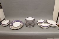 Complete lot laid out showing all platters, covered vegetable bowls, ladles and stacks of various plates.