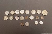 Top-down photo showing all coins laid out in rows, total 20 coins including Canadian quarters, dimes, 50 Cent, and Swiss coins.