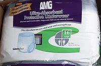 Photo showing sealed package of AGM Ultra-Absorbent Protective Underwear adult diapers, 16 pack, size Large, latex-free, for hips 36-54 inches.
