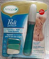 Packaging of Amope Pedi Perfect electronic nail care device with clear display of the device and three filing adapters.
