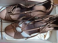Pair of bronze wedge sandals showing straps, knotting details, and inner sole.