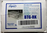 Box label showing Supco Thermostat Guard product, model BTG-RK, with measurements and base types listed.