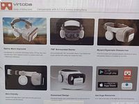 Box front showing key features of Virtoba X6 VR headset including optics, 720° stereo sound, glasses-free adjustment and skin-friendly materials.