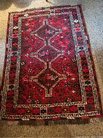 Full view of the oriental area rug laid out on carpeted floor showing geometric and floral patterns with multiple colors predominantly red and black.