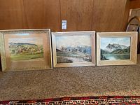 Wide shot showing all three framed landscape paintings leaning against a wood-paneled wall on carpet. Shows size and framing style.
