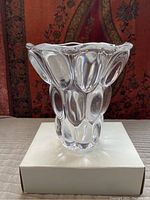 Clear heavy crystal vase with bubble motif, shown from front on white box, detailed texture and scalloped top edge visible.