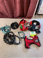 Photo showing four dog leashes in turquoise, black and white, red with handles and poop bag holder, and black extension leash; turquoise collar; two red small harnesses; Frisco step-in harness; Canada Pooch harness with seat belt strap.