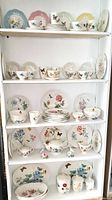 Full view of all shelved Lenox Butterfly Meadows china pieces showing plates, teacups, saucers, tea service, canisters, and salt & pepper set organized on white shelves.