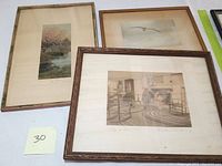 Photo showing all three framed pieces on a table: two engravings with wooden frames and a seagull photo.