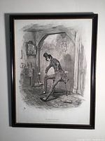 Full view of the framed vintage lithograph depicting Alfred Jingle sitting inside a room with period furniture and a rifle propped on the wall