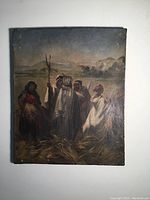 View of full antique oil on canvas painting depicting harvest scene with five figures in robes with pitchforks and straw bundles.