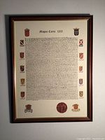 Full view of the framed Magna Carta 1215 reproduction showing the wood frame, text, shields, and seal.