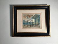 Full view of the framed etched artwork showing overall condition and framing details.