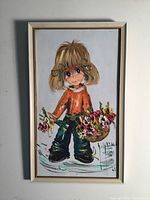 Full view of the framed oil painting depicting a young girl holding flowers.