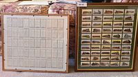 Two framed albums with multiple cigarette picture cards. One features trains and railway engines, the other household hints.