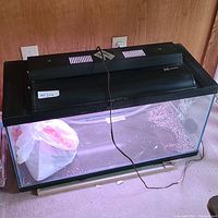 Photo showing medium rectangular glass fish tank with a black plastic hood and a power cord hanging over the side. Inside the tank is a white plastic bag containing sand or substrate.