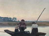 Front view of oil painting showing three figures in a boat by a riverbank at sunset