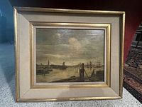 Front view of complete framed painting depicting harbor scene at dusk/dawn