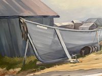Front detail of oil painting depicting a dory propped against a shed with beach in background