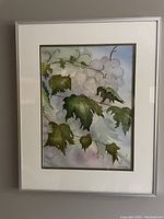 Framed original watercolour artwork showing grape cluster and leaves, signed by artist.