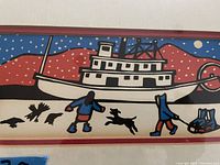 Close-up of stylized painting showing figures, dog, birds, steamboat and snowy mountains
