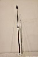Full length view of vintage New Zealand spear with a measuring ruler to show length