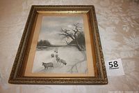 Framed pastel winter snow scene artwork showing a line of sheep on a pathway, under glass with an antique frame.