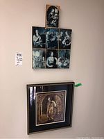 Photo showing two framed religious art prints on a wall, one a cross composed of seven black and white religious images, the other a sepia print of a saint in dress.