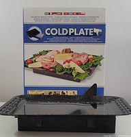 Photo of the Coldplate serving platter outside of the box showing the black rectangular platter with textured edges and insert inside.